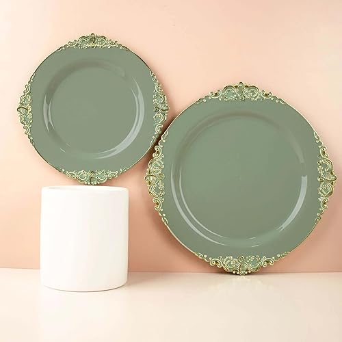 Miniatura 259 de Efavormart - Paquete de 10 platos llanos redondos de plástico de 10 pulgadas en verde salvia vintage, platos desechables barrocos en relieve