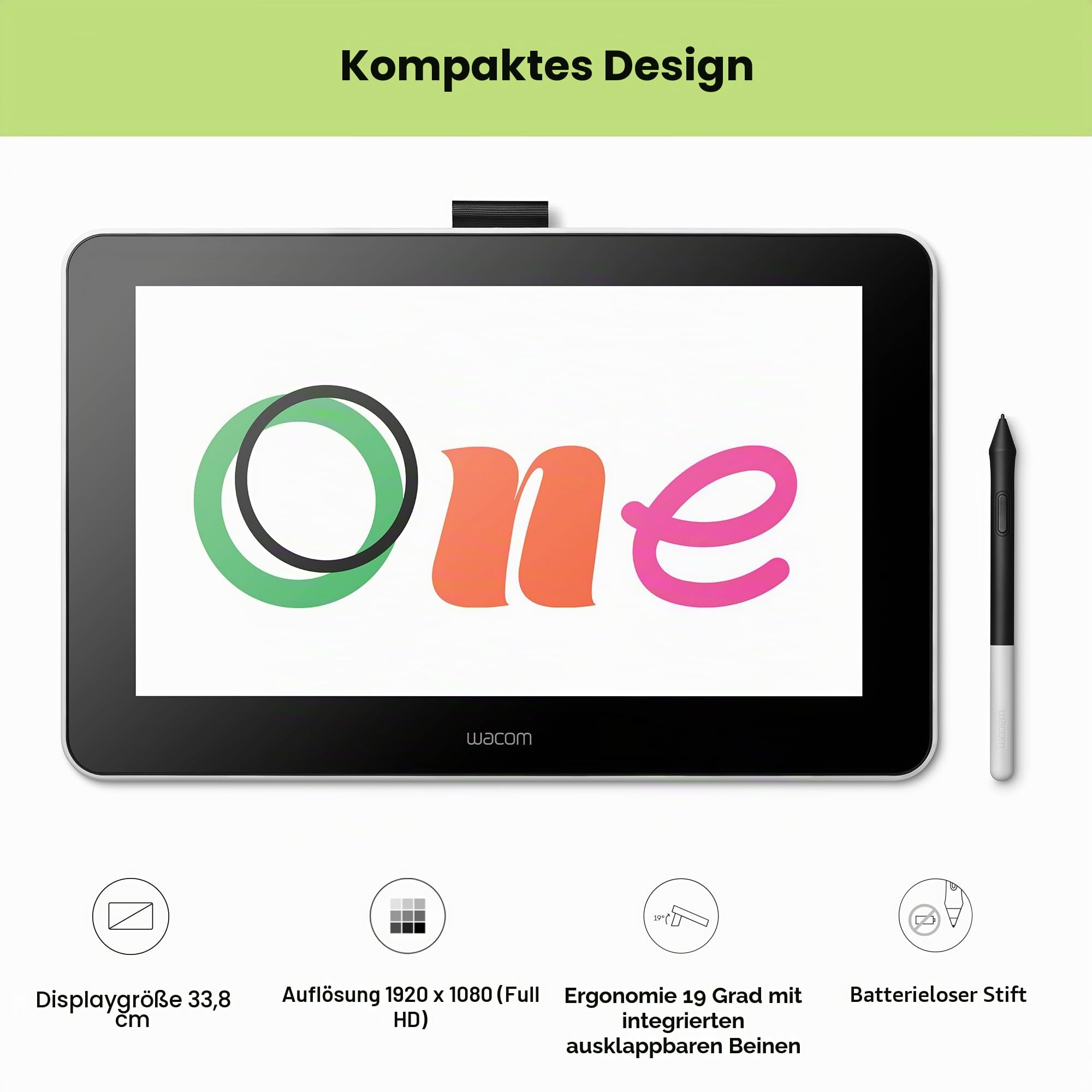 Wacom One Creative Pen Display mit Gratissoftware (zum Skizzieren, Zeichnen auf dem Bildschirm, 13,3 Zoll Full HD (1.920 x 1.080), Stiftpräzision) - Ideal für Home-Office & E-Learning, schwarz