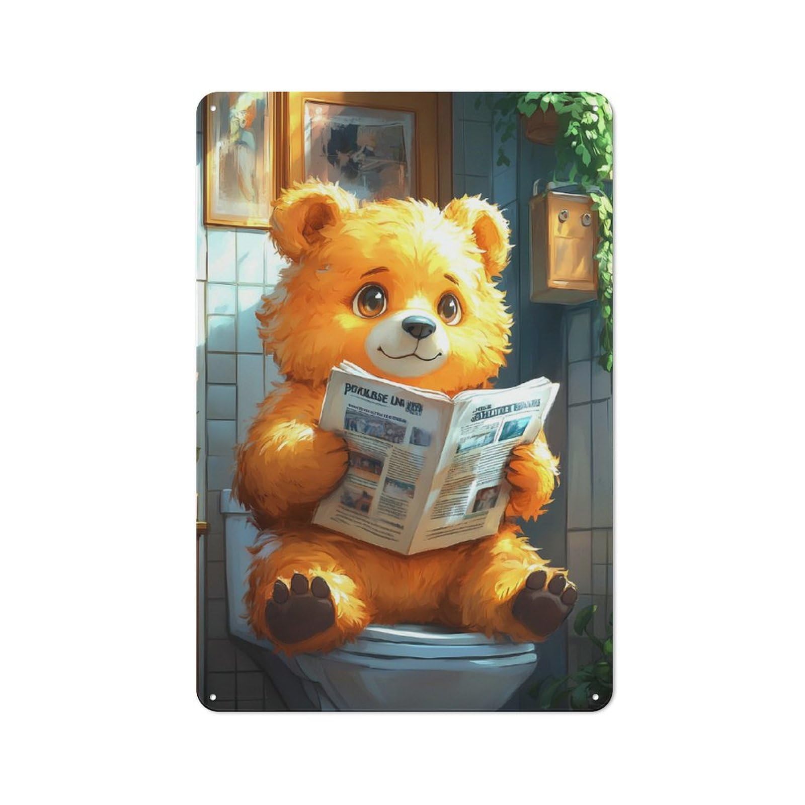 Junmoney Bear Reading Newspaper On Toilet Funny Printed Metal Sign 30X20cm For Hobby Room Or Studio, For Creative Interior Collectors