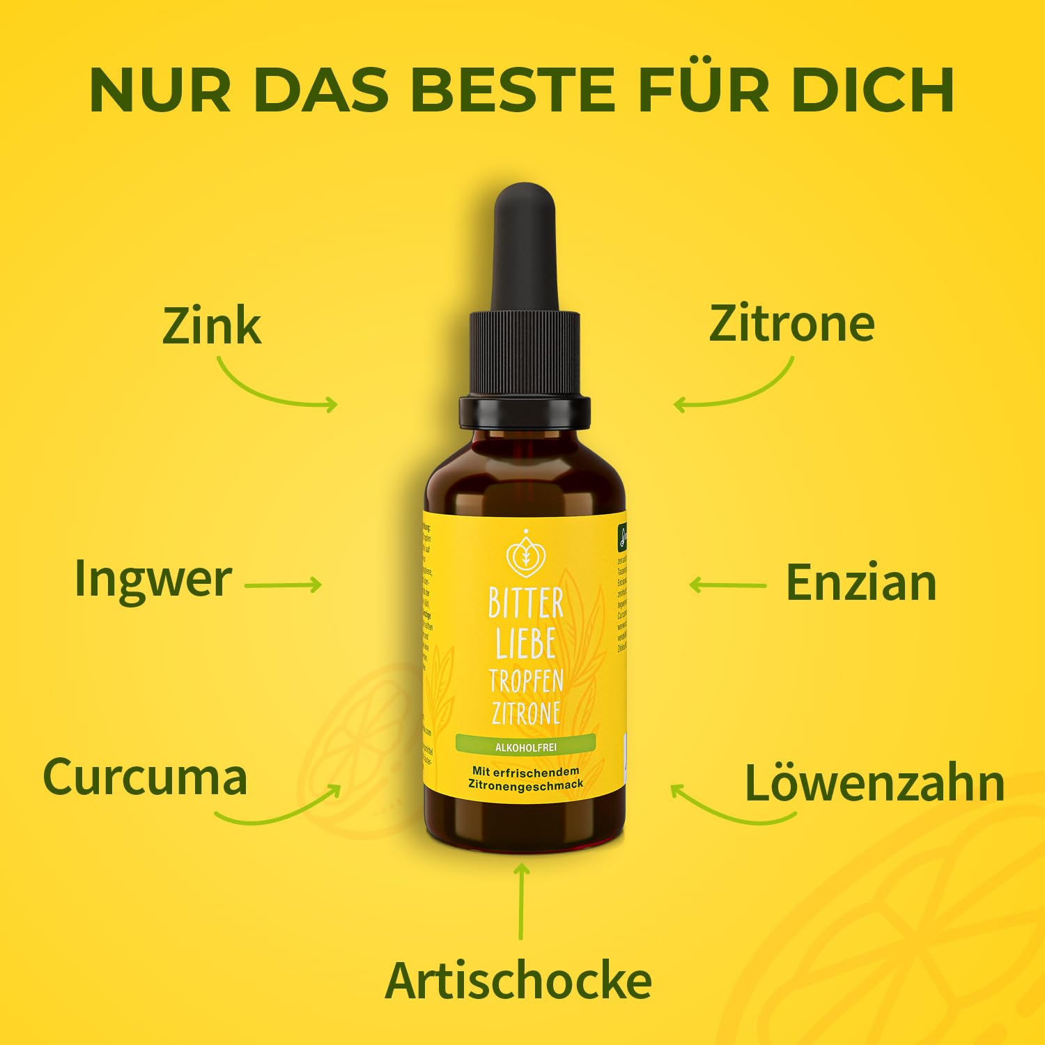 BitterLiebe - Bittertropfen Zitrone ohne Alkohol 100ml - Bitterstoffe Tropfen mit Zink und Zitronengeschmack - nach Hildegard von Bingen - vegan & alkoholfrei - in Deutschland hergestellt