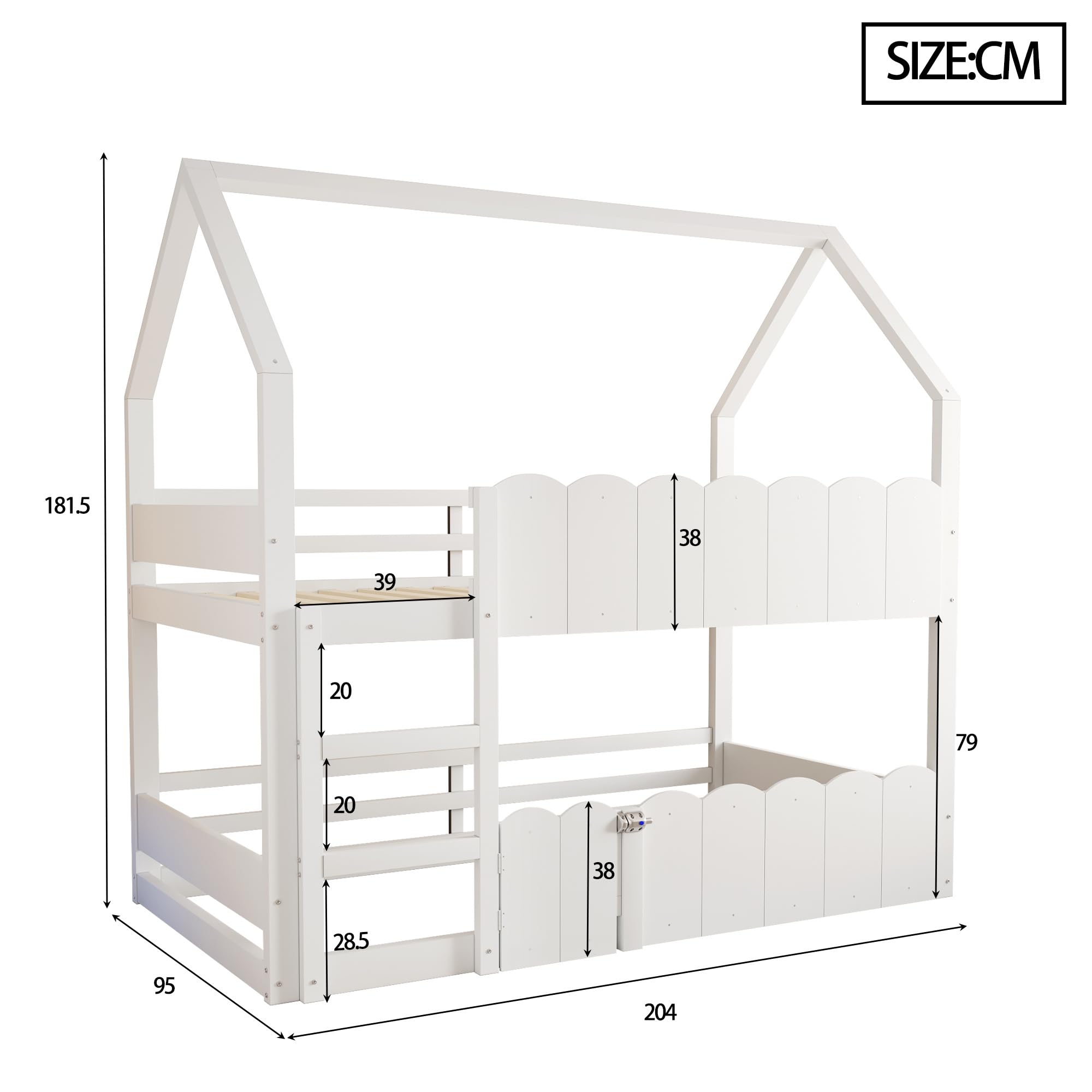 Kinder-Etagenbett 90 * 200 cm, Hausförmiges Design mit erhöhten Sicherheitsgeländern. Das Obere Bett verfügt über Einen Lattenrost. Geeignet für Jungen und Mädchen Weiß