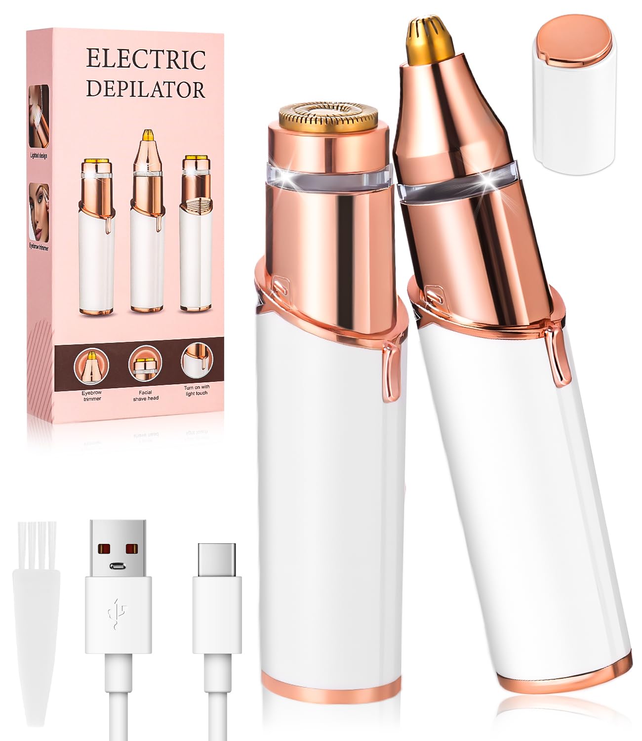 Depiladora Facial Mujer,Afeitadora eléctrica 2 en 1 para el Rostro,Eléctrica Depiladora Cejas Portátil,Afeitadora Mujer,USB Recargable con Luz LED,Depiladora Facial para Mujer para Cara Nariz Labio