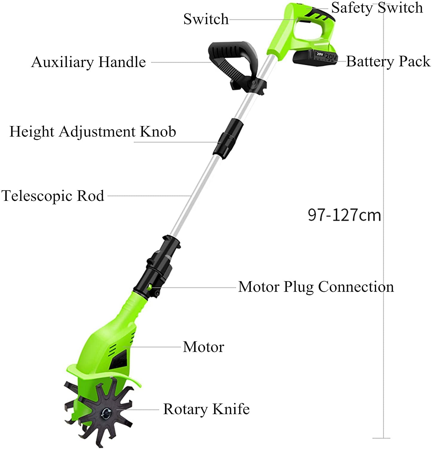 Cultivador de cultivador eléctrico inalámbrico, cultivador de jardín con batería de 20 V 250 RPM, longitud de agarre ajustable, cultivadores eléctricos for excavación, eliminación de malezas y amplifi