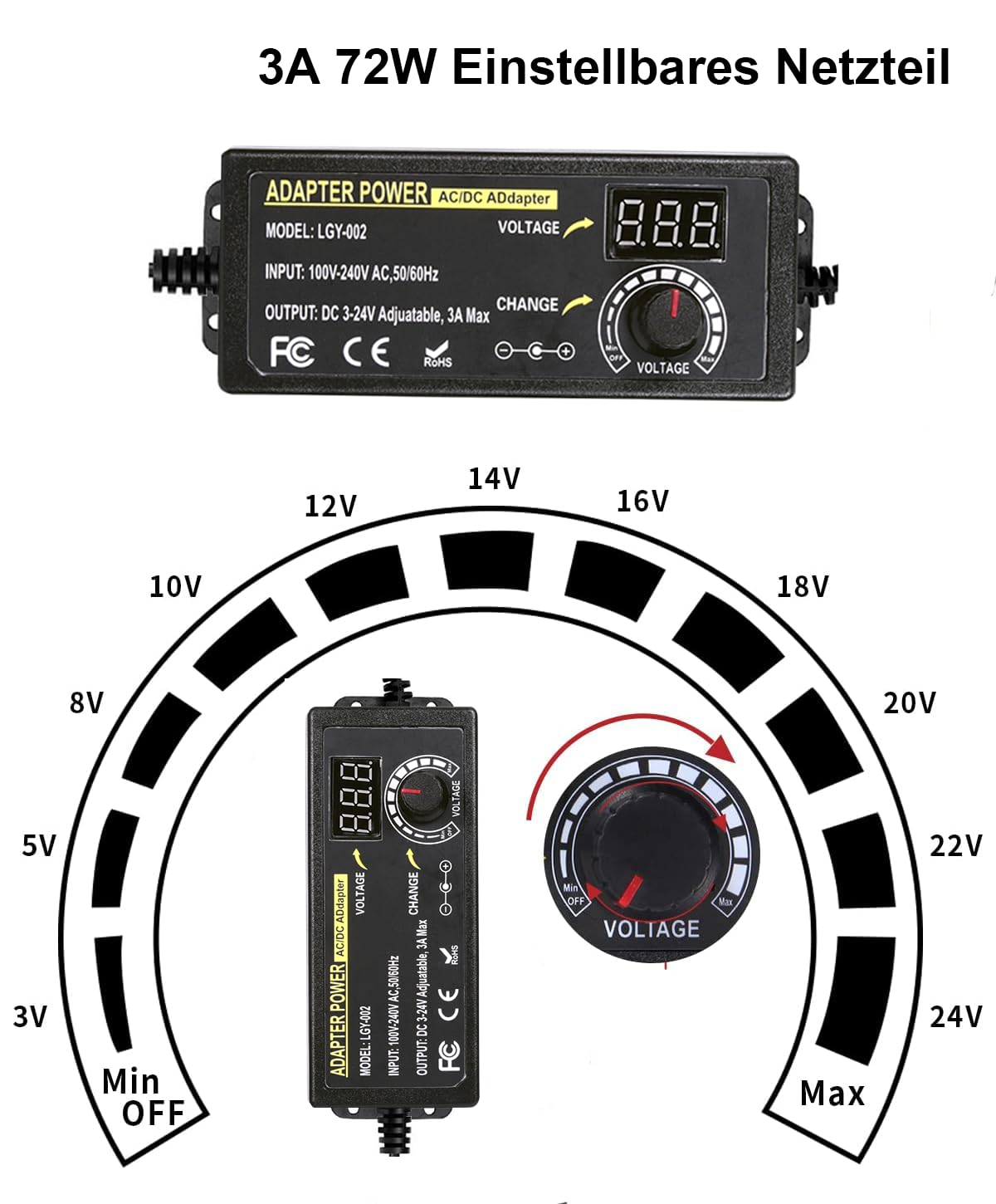 Alimentatore Universale, 3-24V Caricabatterie Universale, 3A, 72W Adattatore di Alimentazione Regolabile 100 V-240 V AC a DC con Indicatore di Tensione LED e 5,5 x 2,5 mm, 14 Consigli per Elettronica