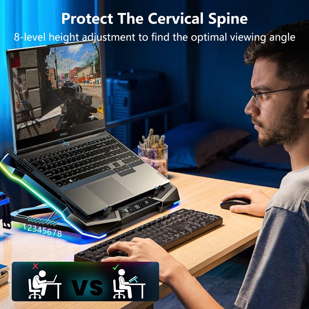 G-STORY RGB Base di raffreddamento per computer Portatile,per 12-18" Laptops, con 8 supporti regolabili in altezza, 10 ventole silenziose, 1 porte USB