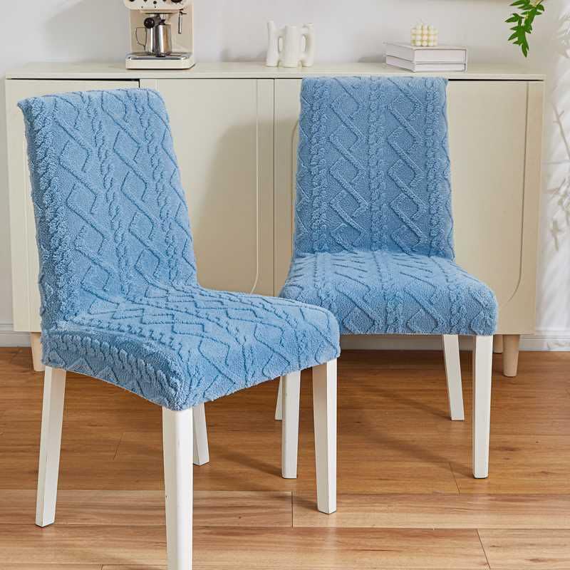 Image of HOMETHREADS Elastic Jacquard Chair Cover-Stretch Fit, Removable & Washable Short Dining Chair Seat Protector - 400gsm Soft & Wrinkle-Resistant Slipcover for Home, Kitchen, Banquet (Blue, Pack of 4)