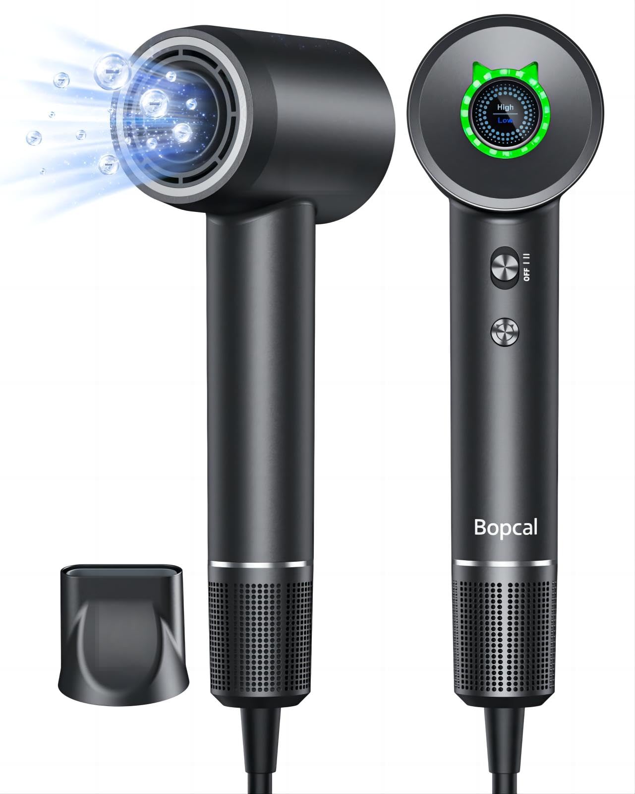 Bopcal Asciugacapelli Alta Velocità con Ionico - Phon Capelli Professionale Asciugatura Rapida con 110000 giri/min, Touch Screen con Termocontrollo a Basso Rumore per Casa, Viaggio Nero