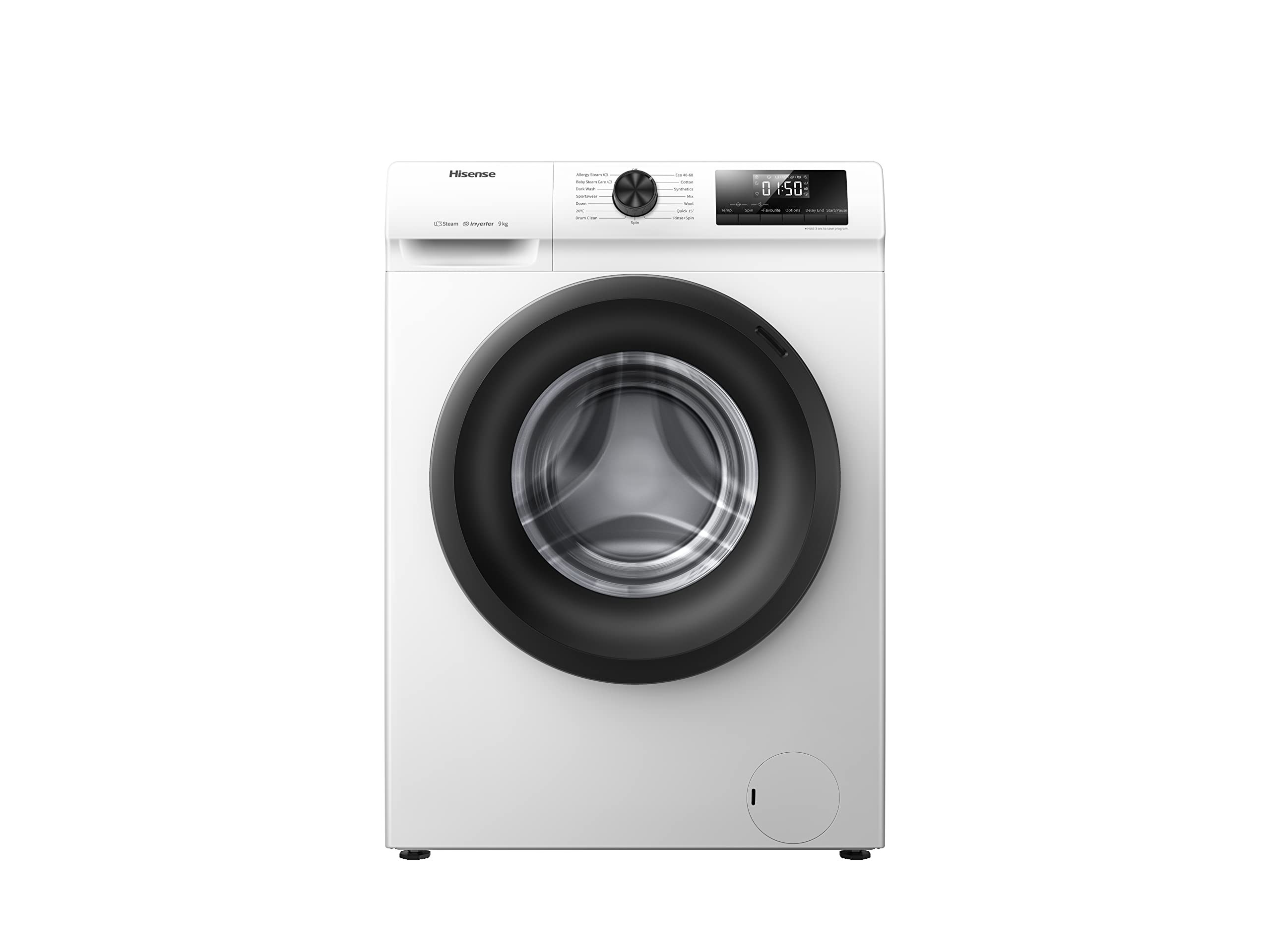 Hisense WFQP901418VM - Lavatrice a vapore, carico frontale 9 kg di lavaggio, 1400 giri/min, sistema anti-appannamento, porta XL, grande display LED