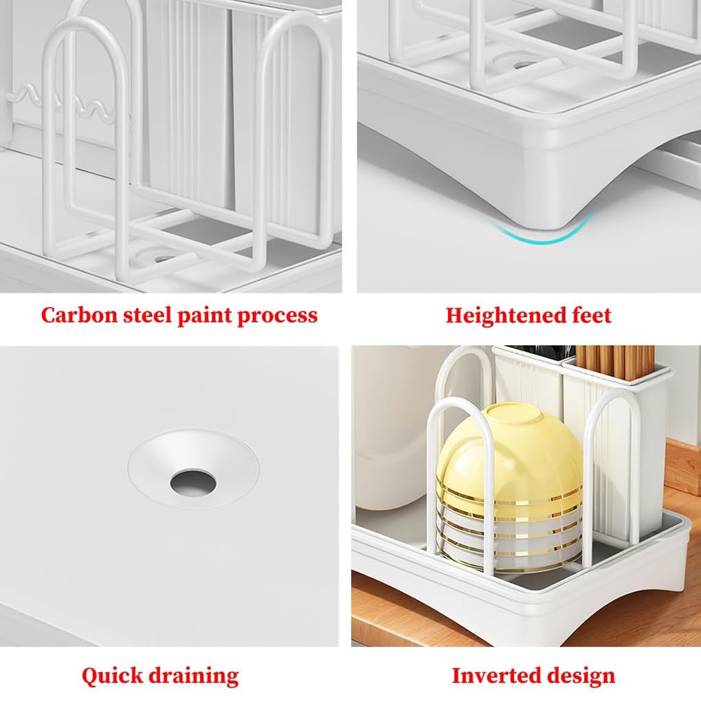 Estante compacto para secar platos con tabla de drenaje para encimera de cocina, cesta extraíble para cubiertos, estante escurridor de platos con drenaje automático para White