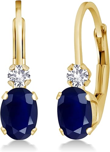 Gem Stone King Aretes de oro amarillo de 14 quilates con zafiro azul y zafiro blanco creado para mujer, 1.18 quilates, piedra preciosa con piedra