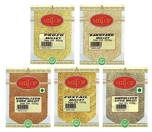 Image of Miltop Unpolished Millets Natural Grains Combo 2500g | Foxtail | Kodo | Proso | Little | Barnyard 500 g Each