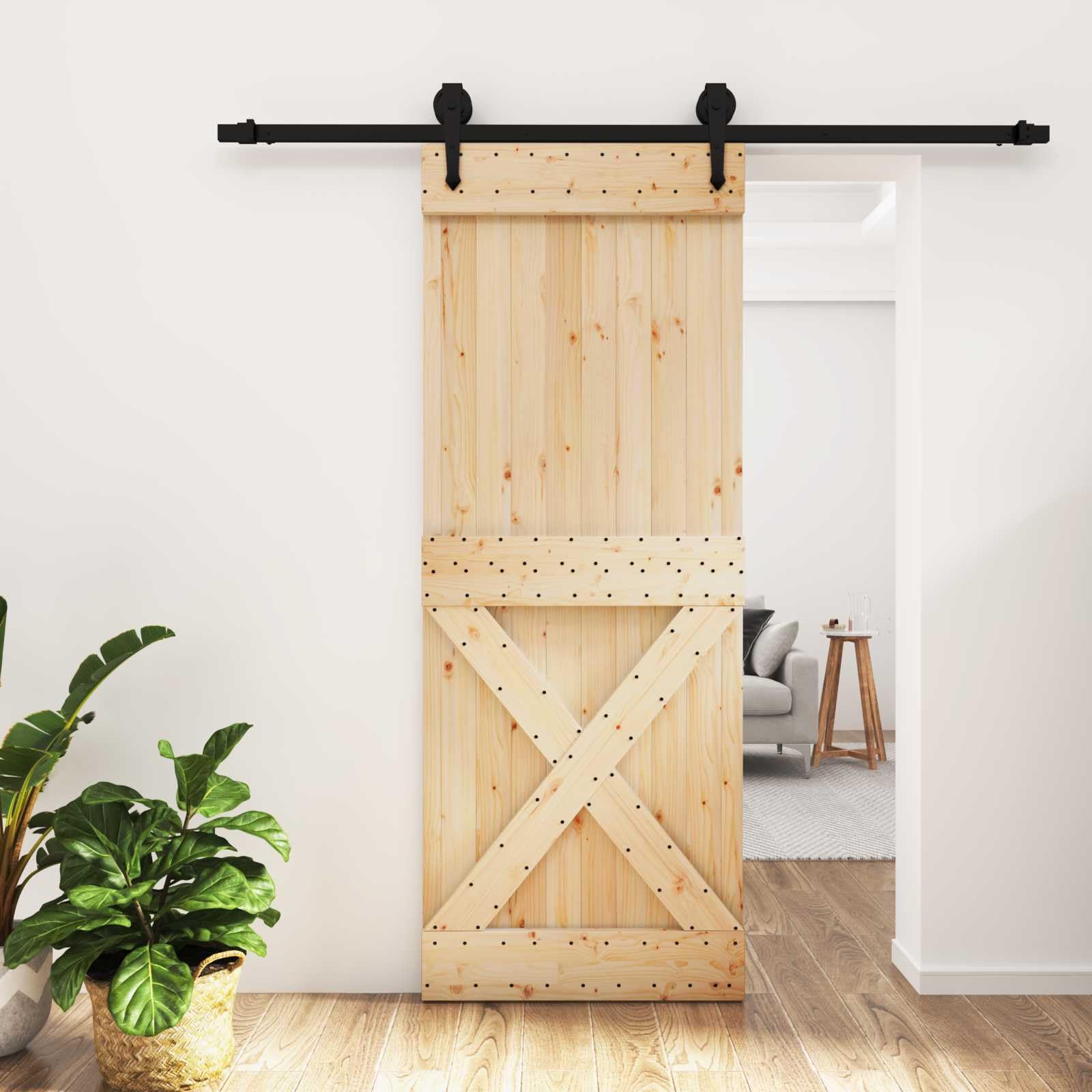 Nowoczesne drzwi przesuwne z litego drewna sosnowego, 80 x 210 cm, z naturalną powierzchnią i oszczędzającym miejsce mechanizmem przesuwnym na górnej szynie, elementy stalowe malowane
