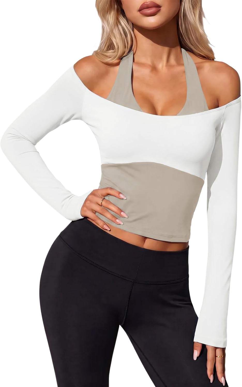 Aoysky Womens Off Shoulder Halter Crop Tops Long Sleeve Shirts Built in Bra