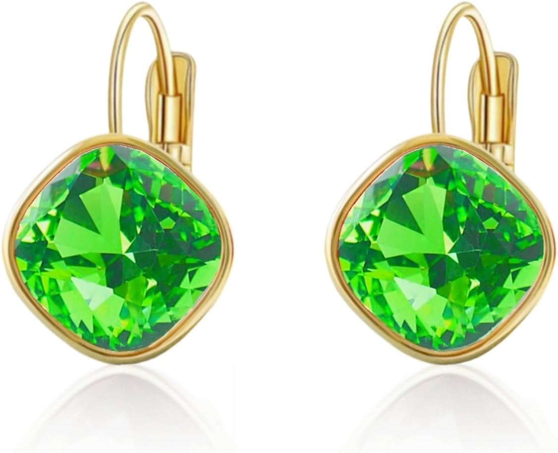 Austrian Crystal Square Drop Dangle Leverback Earrings | Plated 18K/Rose Gold Zircon Gemstone Birthstone Hoop Hanging Dangly Earrings Jewelry Gift for Wife Mom Daughter Girlfriend