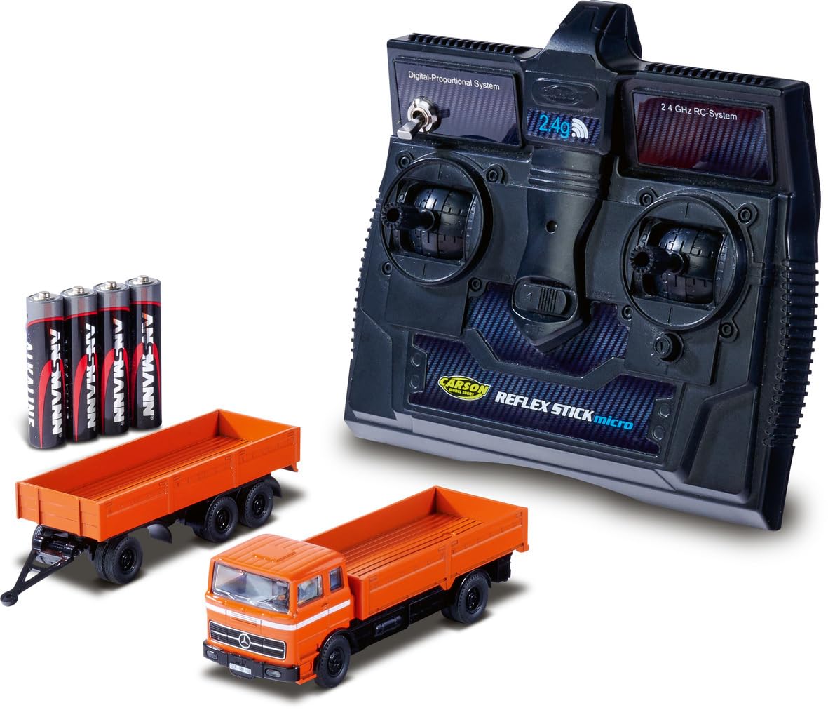 Carson 1:87 MB 1620 Pritsche mit Anhänger 100% orange - Fahrfertiges Modell, RC Auto, H0 Auto,RC Modell,Diorama Fahrzeug, Ferngesteuerter LKW, Remote Controled Truck