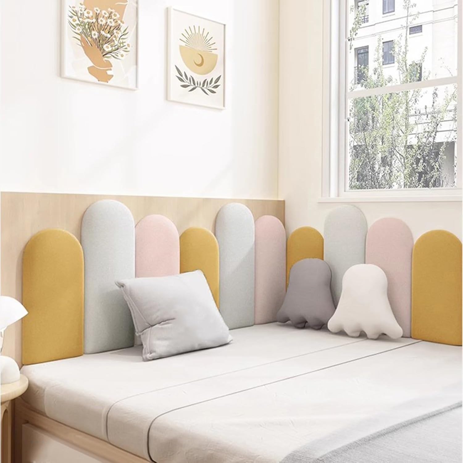 2 Pcs Upholstered Wall Panels Peel and Stick Headboard 3D Anti-Collision Wall Stickers Kids Bed Headboard Wall Padding for Bedroom Playroom (Color:Light-Pink,Size:20x50cm)