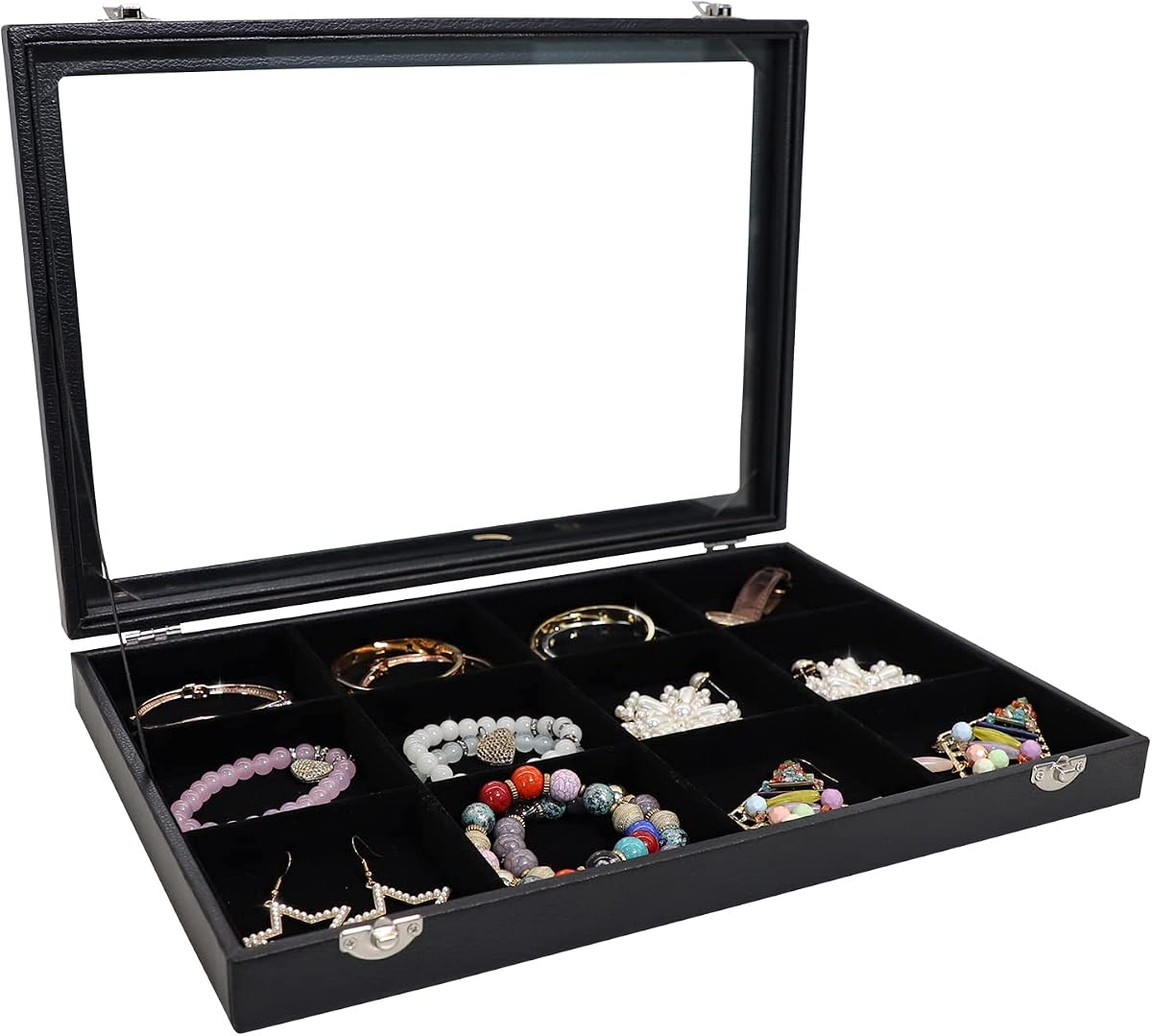Wudygirl Bracelet Organizer Leather Jewelry Tray with Lid 13.7"x9.4" Black | 12 Grid Jewelry Organizer with Velvet Liner, Ideal for Jewelry Storage, Dresser Drawer or Gift, Dustproof Design
