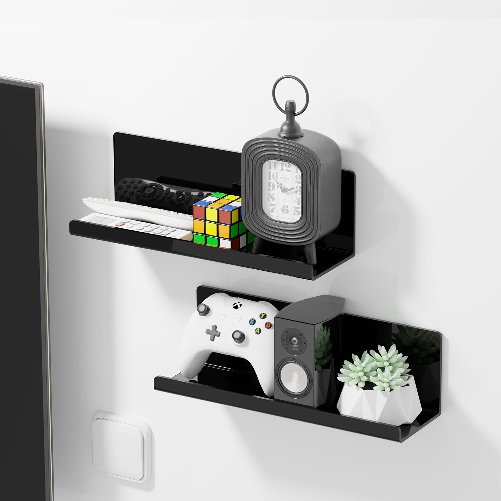 Toski - Wall Shelf No Drilling Acrylic 2 Pack Black 30cm Kitchen Hanging Paste Shelf Hanging Shelf for Book Photo Display Bathroom Wall Shelf 3