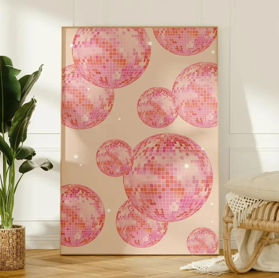 Affiche boule disco rose et orange en toile maximaliste haut de gamme et lumineuse 90x140cm