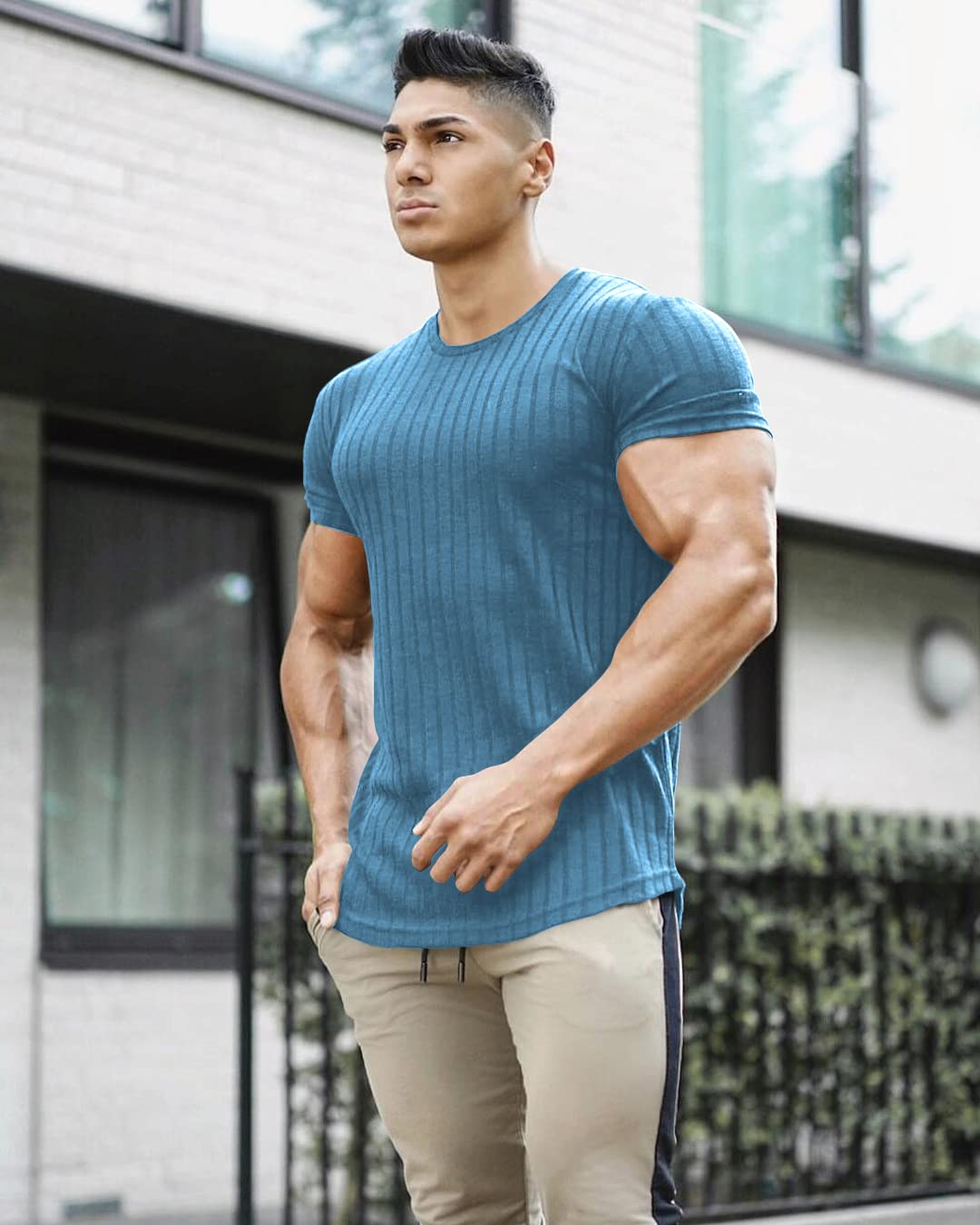 URRU Men's Muscle T Shirts Stretch Short Sleeve Bodybuilding Workout Casual Slim Fit Tee Shirts