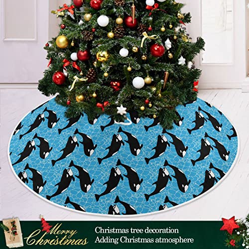 Orca Killer Whale Christmas Tree Skirt 35.4/47.2 Inch Large, Double Layer, With Felt Fabric Lining, Tree Mat For Xmas Holiday Party Decoration #TOP4