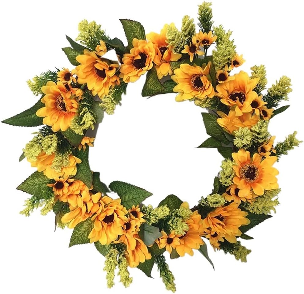 16 Inch Sunflower Wreath Green Leaves Front Door Indoor Wall Decorative Flower Wreath