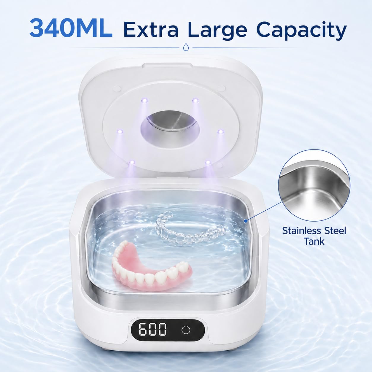 Macchina per la pulizia a ultrasuoni con luce UV, pulitore dentale da 49 kHz con timer digitale, serbatoio in acciaio inossidabile da 340 ml per fermo, allineatori, protesi, paradenti, guardie