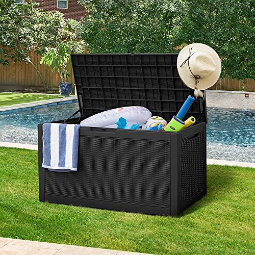 Gunji 100 Gallon Outdoor Storage Box Waterproof Large Resin Deck Box Patio Storage Bench Lockable Storage Container For Outdoor Cushions, Pool Supplies And Garden Tools (Black) #TOP2