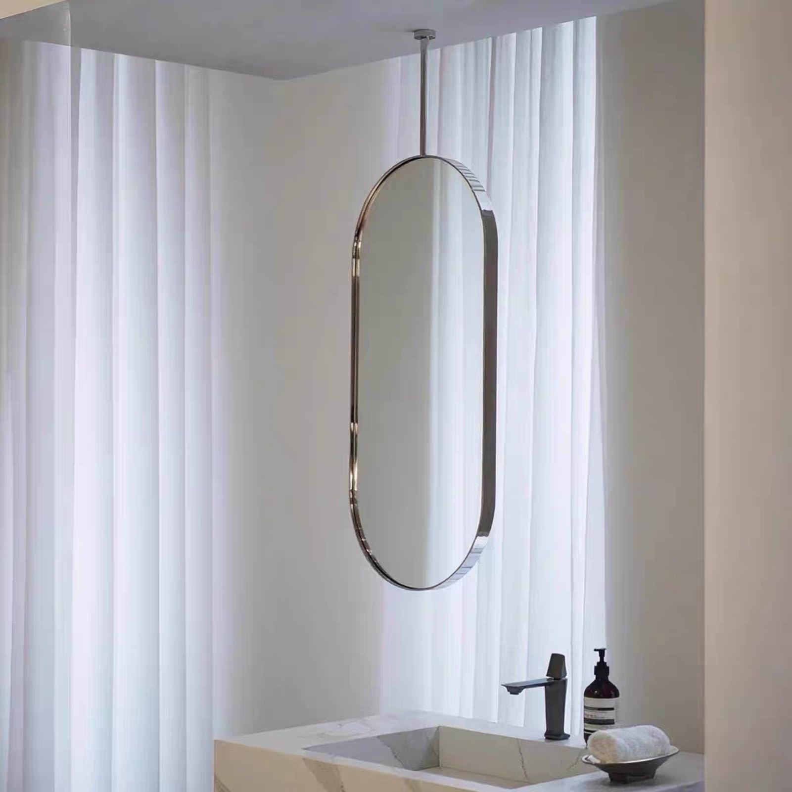 Espejo suspendido de Techo Ovalado, Espejo de baño de Pasillo suspendido montado en la Pared, Acero Inoxidable Cepillado, Espejo de Maquillaje de tocador for Entrada de Hotel(50x70cm)