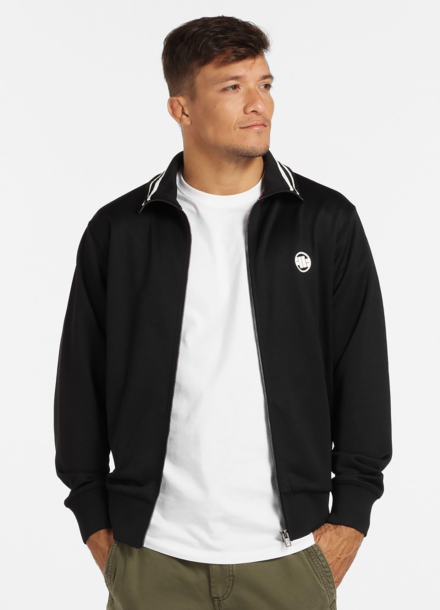 PITBULL - Sudadera Hombre con Cremallera Oldschool Small Logo, Chaqueta Sudadera Hombre Clásica con Cuello Alto, Mangas de Canalé, Ajuste Slim, Look Deportivo
