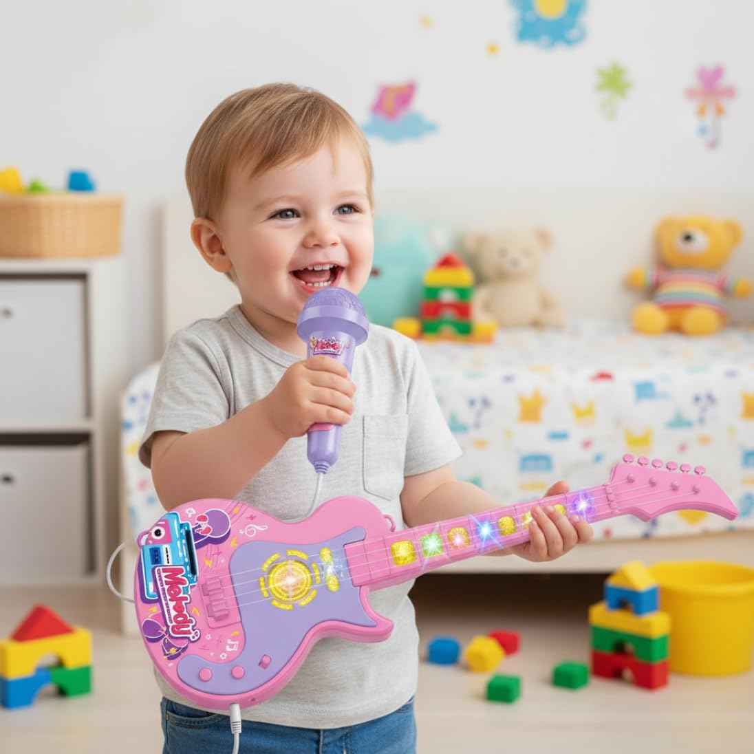 Juego de Guitarra y micrófono para niños con música y luz Guitarra micrófono 2 en 1 para niños pequeños