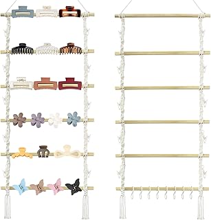 Macrame Claw Clip Organizer with Hooks, Hanging Hair Clip Holder and Sto...