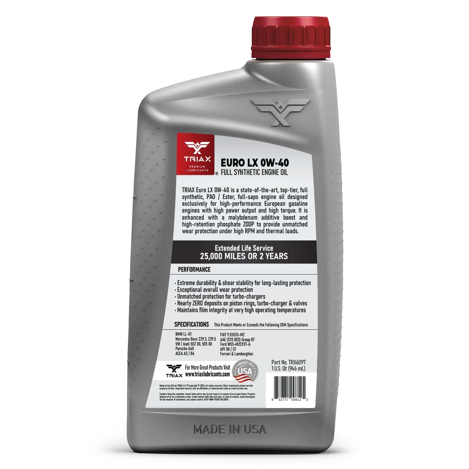 TRIAX Euro LX 5W-40 Aceite de Motor totalmente sintético para Automóviles Europeos de Alto Rendimiento (6 × 0,946 L (6×1 cuarto))