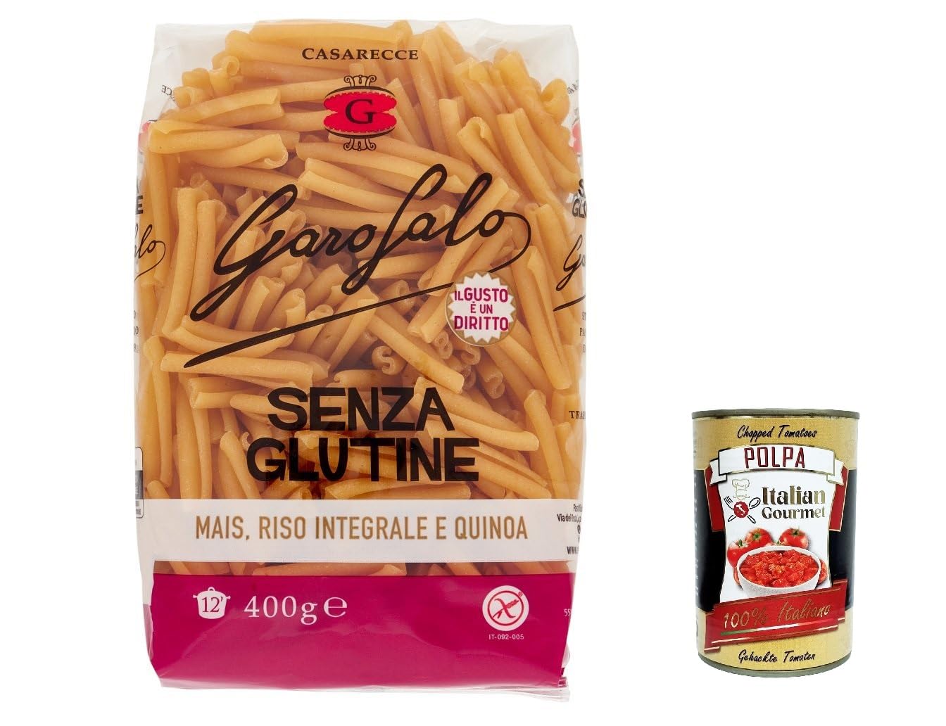 Italian Gourmet Casarecce Pasta Senza Glutine glutenfrei 20 x 400g | Mais-Reis Rezeptur, formato corto rigato per sughi, ohne Weizen, Gesamtnettogewicht 8 kg + Kostenlos Polpa 400g