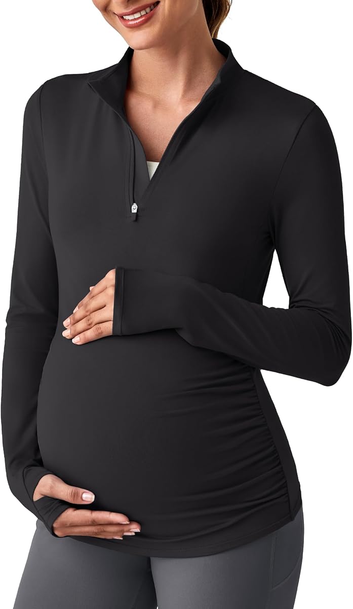 G4Free Lightbreeze Maternity Shirts Long Sleeve Quarter Zip Pregnancy Top | Rash Guard Shirts with Thumbholes,UPF50+ Lightweight Fabric,Airy Soft,4-Way Stretch,Quick Drying,for Casual or Workout