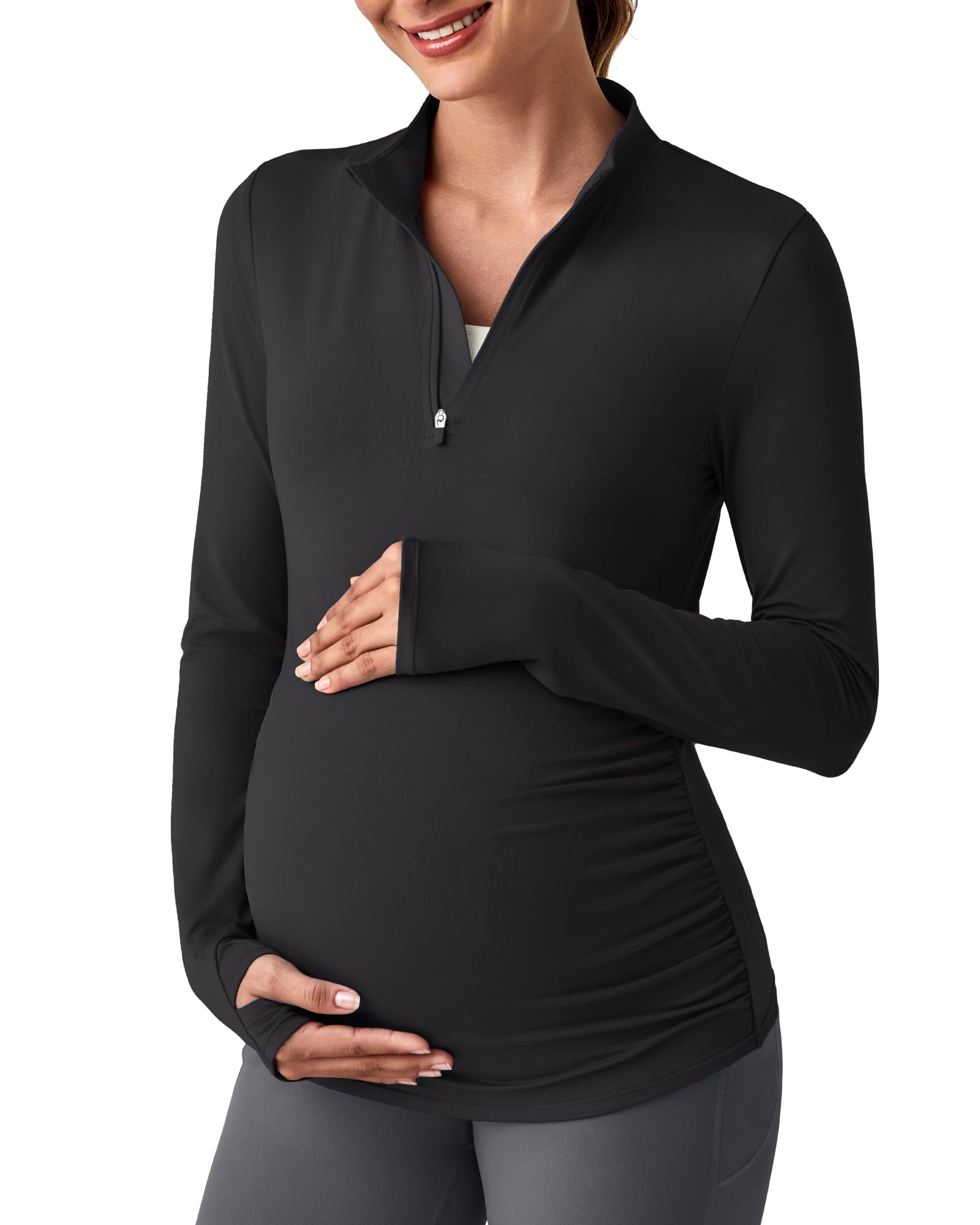 Lightweight Maternity Long Sleeve Workout Tops UPF 50+ Rash Guard Half Zip Sun Shirts Ruches Pregnancy Pullover-image-40