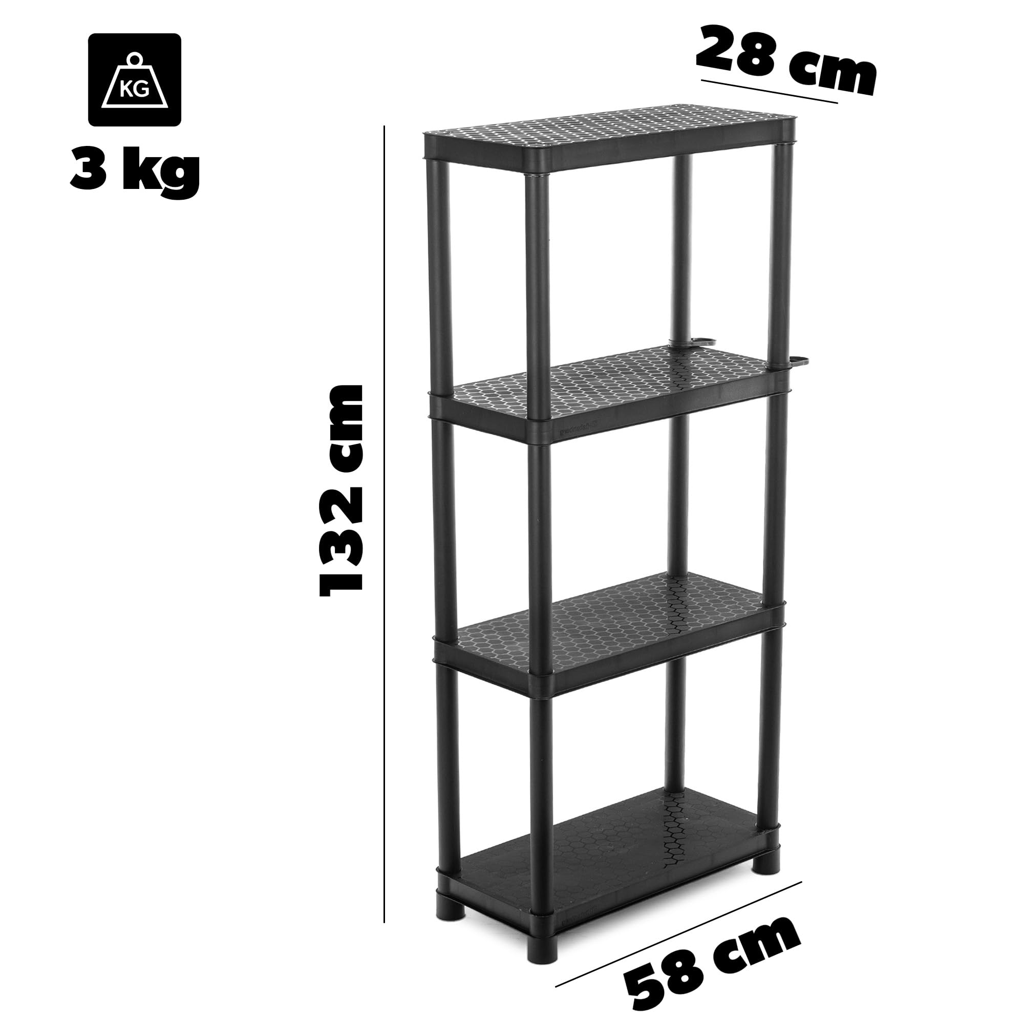 KADAX Estantería de plástico para cargas pesadas, 132 x 58 x 28 cm, estantería de plástico con 4 estantes, para taller, trastero, garaje