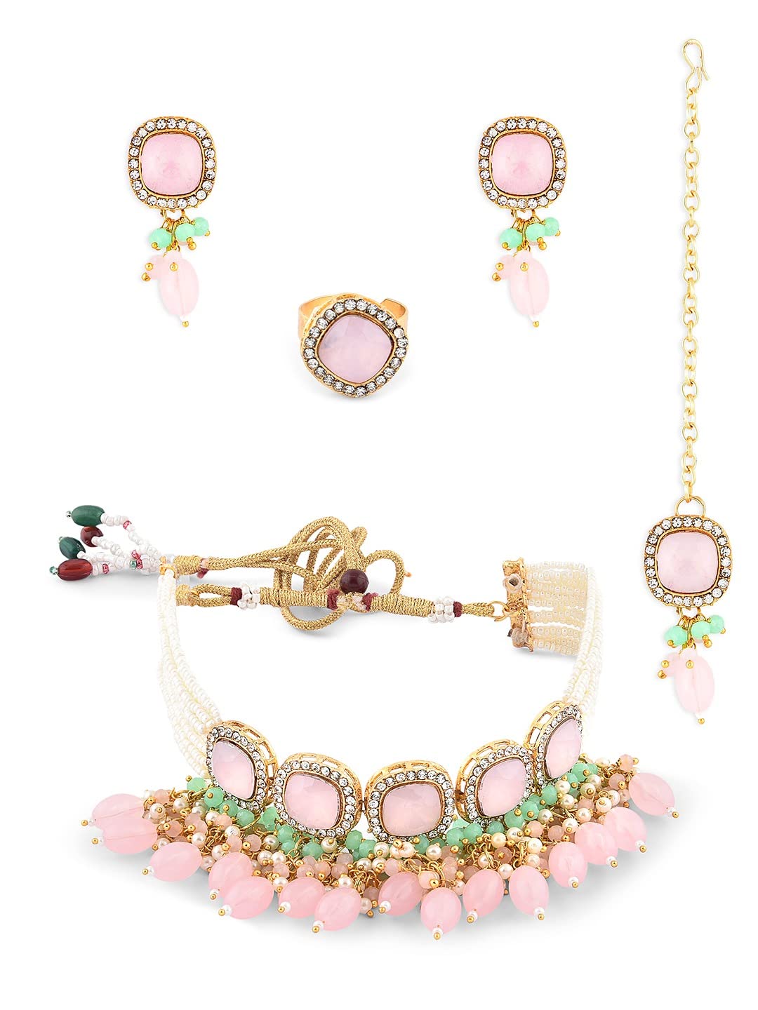 ZAVERI PEARLS Green Pink Cluster Multistrand Necklace Earring Ring Maangtikka Set For Women-ZPFK15222 (B0BRND2N72) Amazon Price History, Amazon Price Tracker