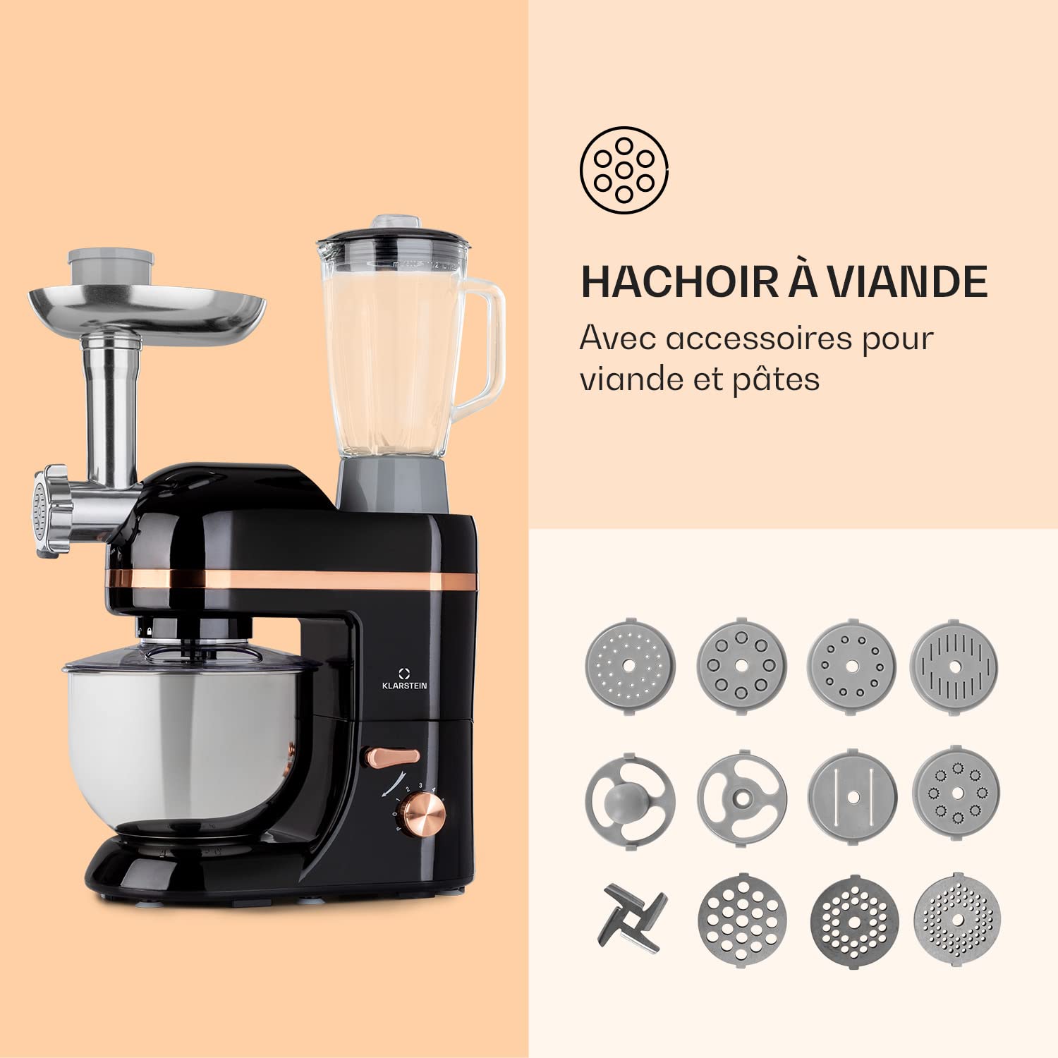 Klarstein Robot Patissier Multifonctions, Batteur sur Socle, Bol 5L, Robot Cuisine 1800W, Blender 1.5L, Multifonction Petrin Boulangerie, Hachoir à Viande, Batteur Electrique Cuisine, 6 Vitesses