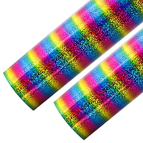 Outuxed 2 Sheets 12 x 20 Inches Rainbow Holographic Stripe Heat Transfer Vinyl HTV for T-Shirts