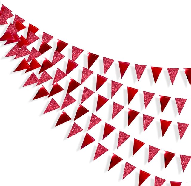 30 Ft Red Party Decorations Double Sided Glitter Metallic Paper Triangle Banner Flag Pennant Bunting for Wedding Engagement Graduation Anniversary Bachelorette Birthday Bridal Shower Party Supplies