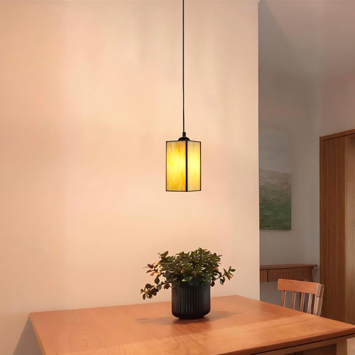 Tiffany Pendant Light Small Stained Glass Hanging Lamp Plug in Adjustable Wide 4 Inch for Dinning Room, Bedroom,Hallway (Amber Yellow)