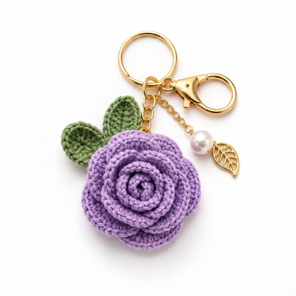 Handmade Crochet Lavender Rose Keychain with Pearl & Gold Leaf-image-20
