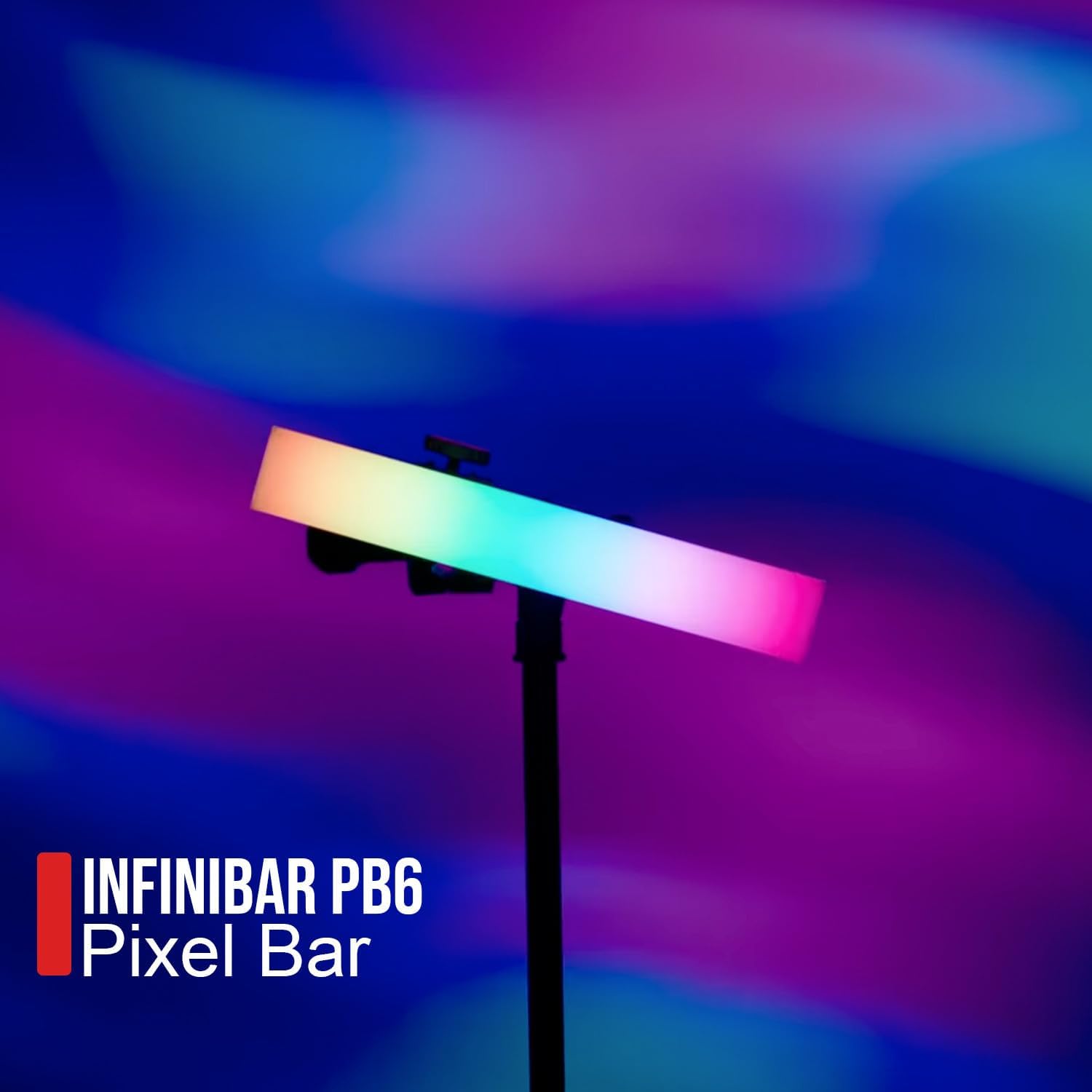 A single Aputure Infinibar PB6 pixel bar emitting colorful light, mounted on a stand in a studio setting.