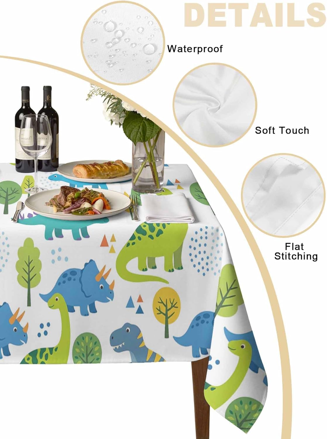 Children's Day Waterproof Table Cloth Cartoon Blue Green Dinosaurs Geometric Tree Waterproof & Wrinkle Table Cover, Washable Polyester Soft Fabric Table Cloth for Outdoor Indoor Parties