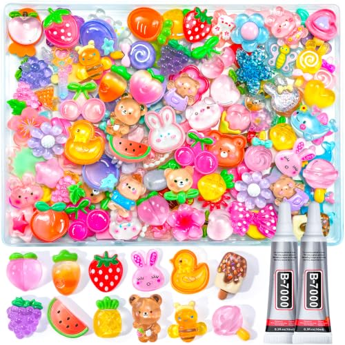 100PCS Flatback Resin Charms Kit with 2PCS Glue Cute Fruit Flower Assorted