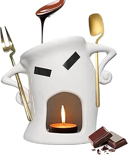 Ceramic Chocolate Fondue Mug - Cute Chocolate Fondue Cup Set | Multi-Functional Ceramic Melting Cheese Warmer with Spoon & Fork | Personal Sweet Melting Cup for Butter, Cheese (White)