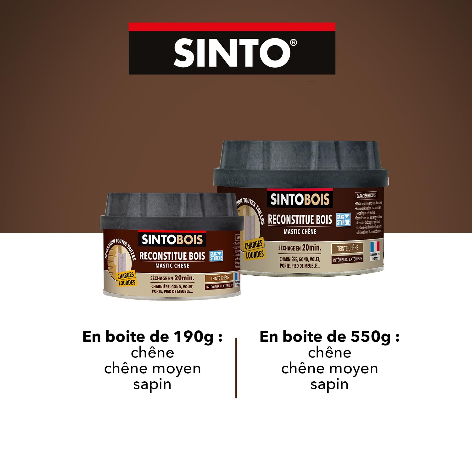 SINTO Mastic reconstitue bois charges lourdes chêne moyen 170ml | Résistant aux chocs et poids importants, sec en 20 min, répare charnières gonds volets et portes, intérieur et extérieur