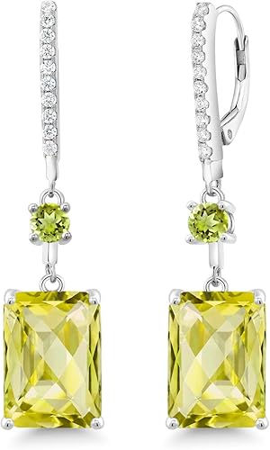 Gem Stone King Pendientes colgantes de plata 925 con peridoto verde y cuarzo limón octagonal de 14.60 quilates, Metal Gema, cuarzo limón Cuarzo