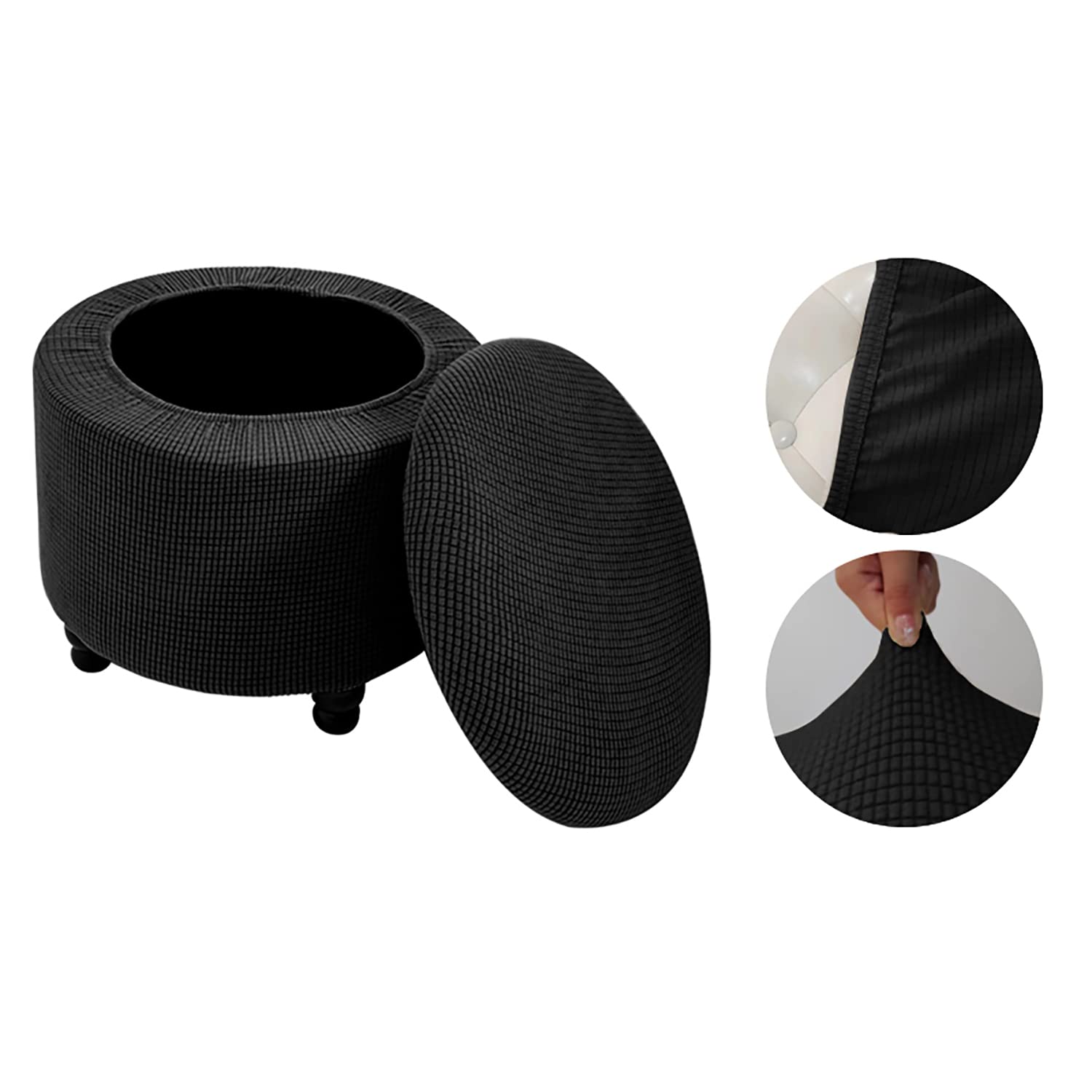 SANOCAY Round Ottoman Cover with Storage 2-Piece Stretch Stool Slipcover Soft Footstool Protector Covers Removable Washable Storage Stool with Cover Lid Folding Stool Covers for Home Decor (Black)